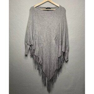 Mio Mio Gray Poncho Dolman Sleeve Fringe Sweater One Size